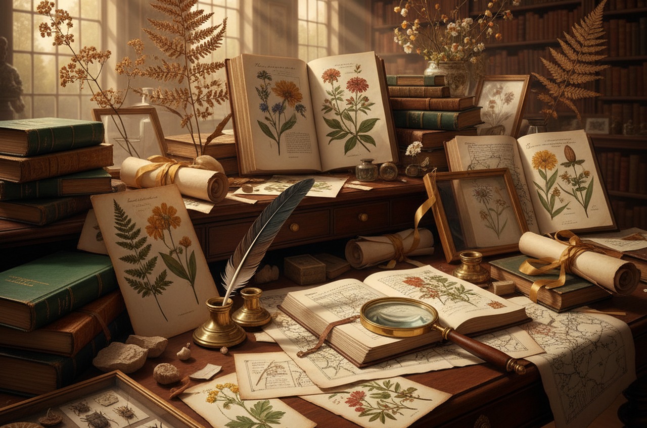 Naturhistorische Bücher und Manuskripte auf einem Archivtisch